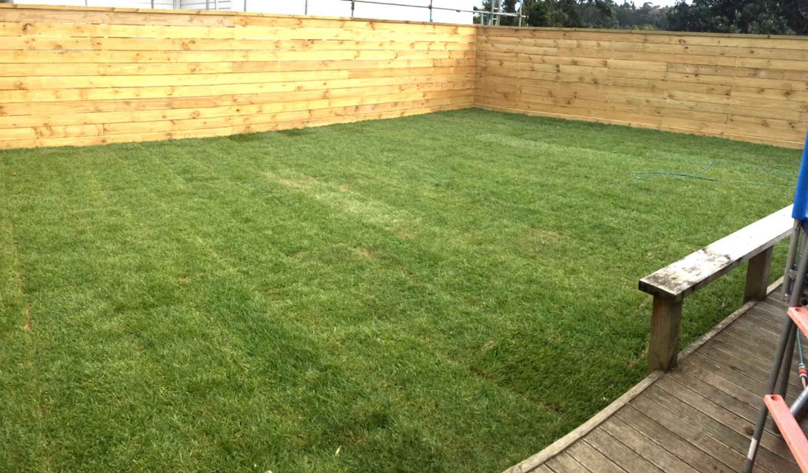 New lawn laid behind a freshly built timber boundary fence
