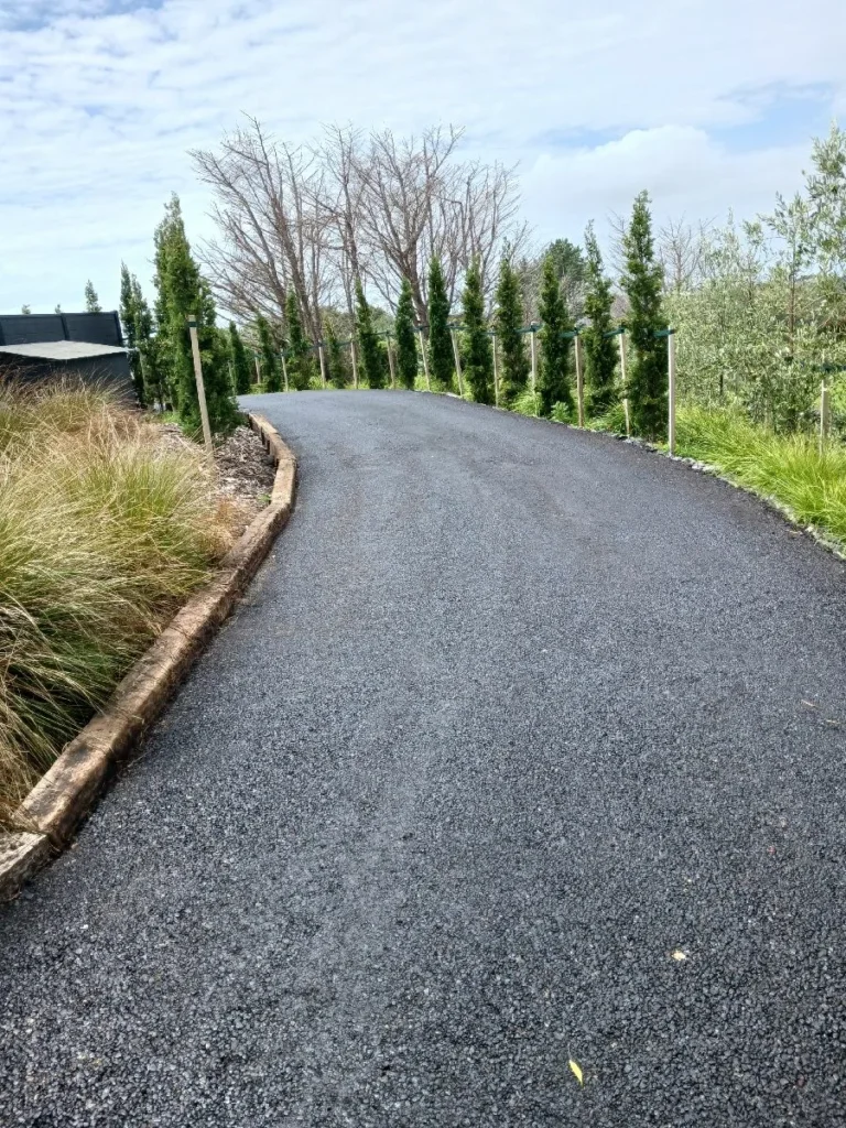 New asphalt driveway curving up to a house past planted borders