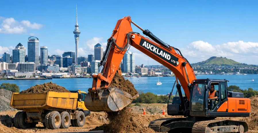 Excavator loading a tip truck with the Auckland skyline behind