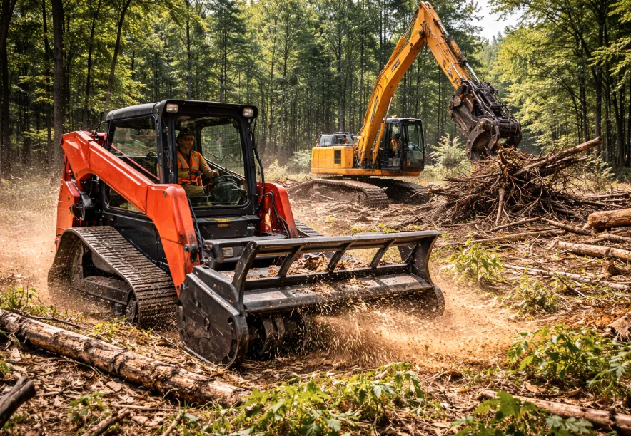 Tracked mulcher and excavator clearing felled trees and scrub