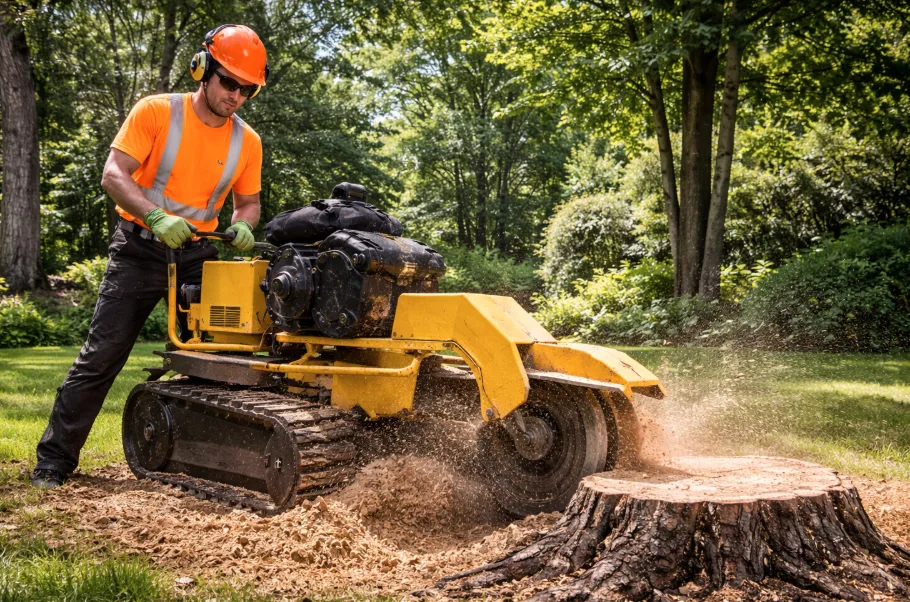 Operator using a tracked stump grinder on a large tree stump