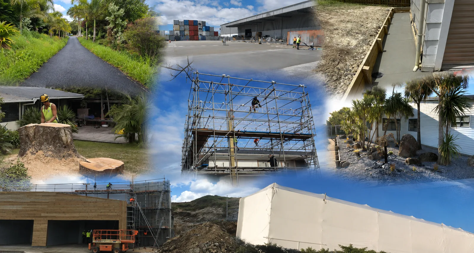 Collage of K Benson Contracting projects: landscaping, scaffolding, tree work and concrete