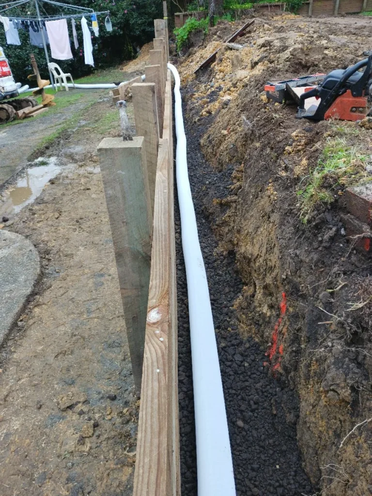 Drainage trench with pipe and timber retaining boards